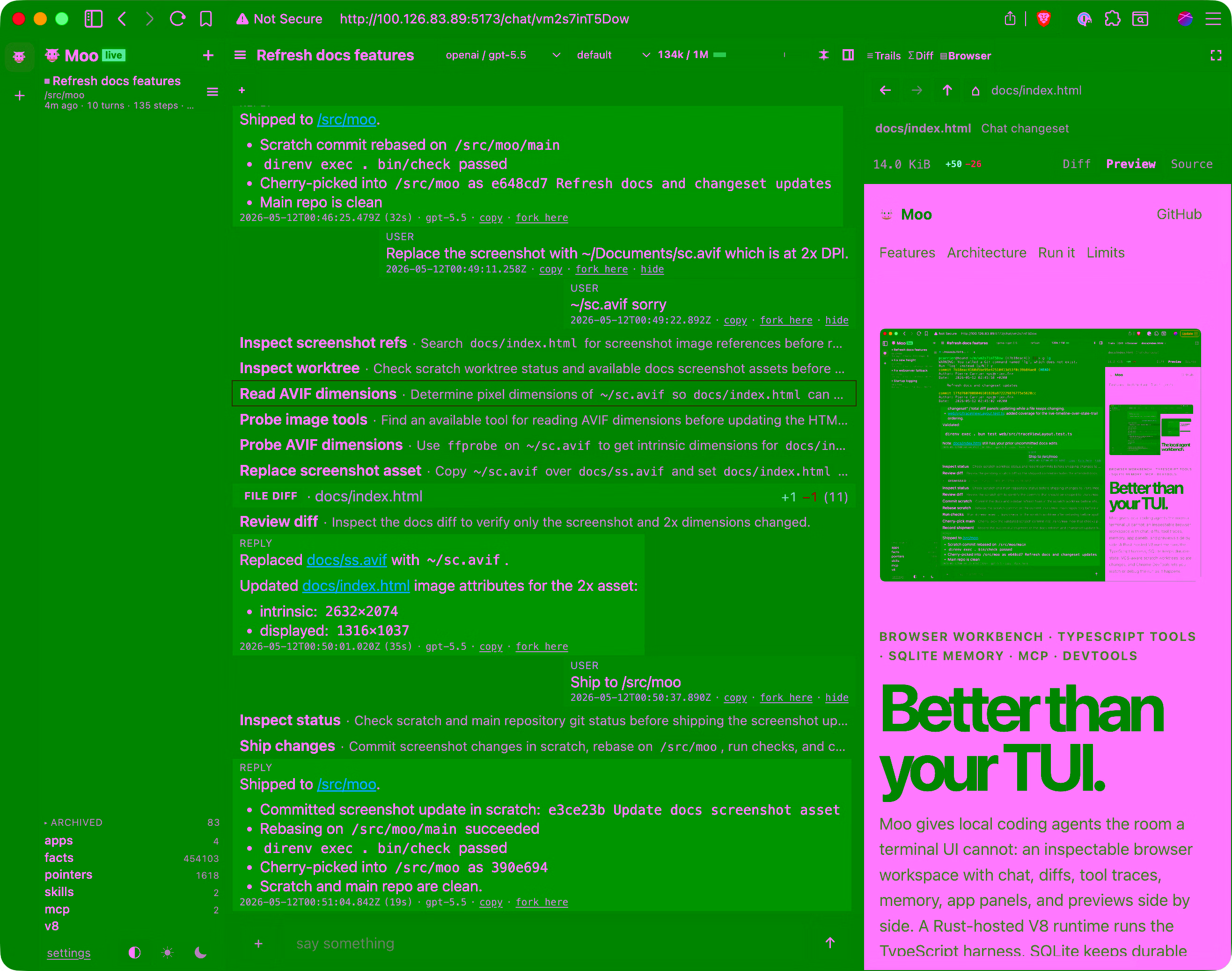 Screenshot of the Moo web UI showing an agent chat, tool calls, and an app sidebar
